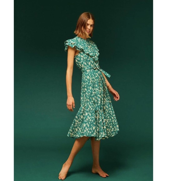 Soeur Lily Ruffle Midi Green Dress 38